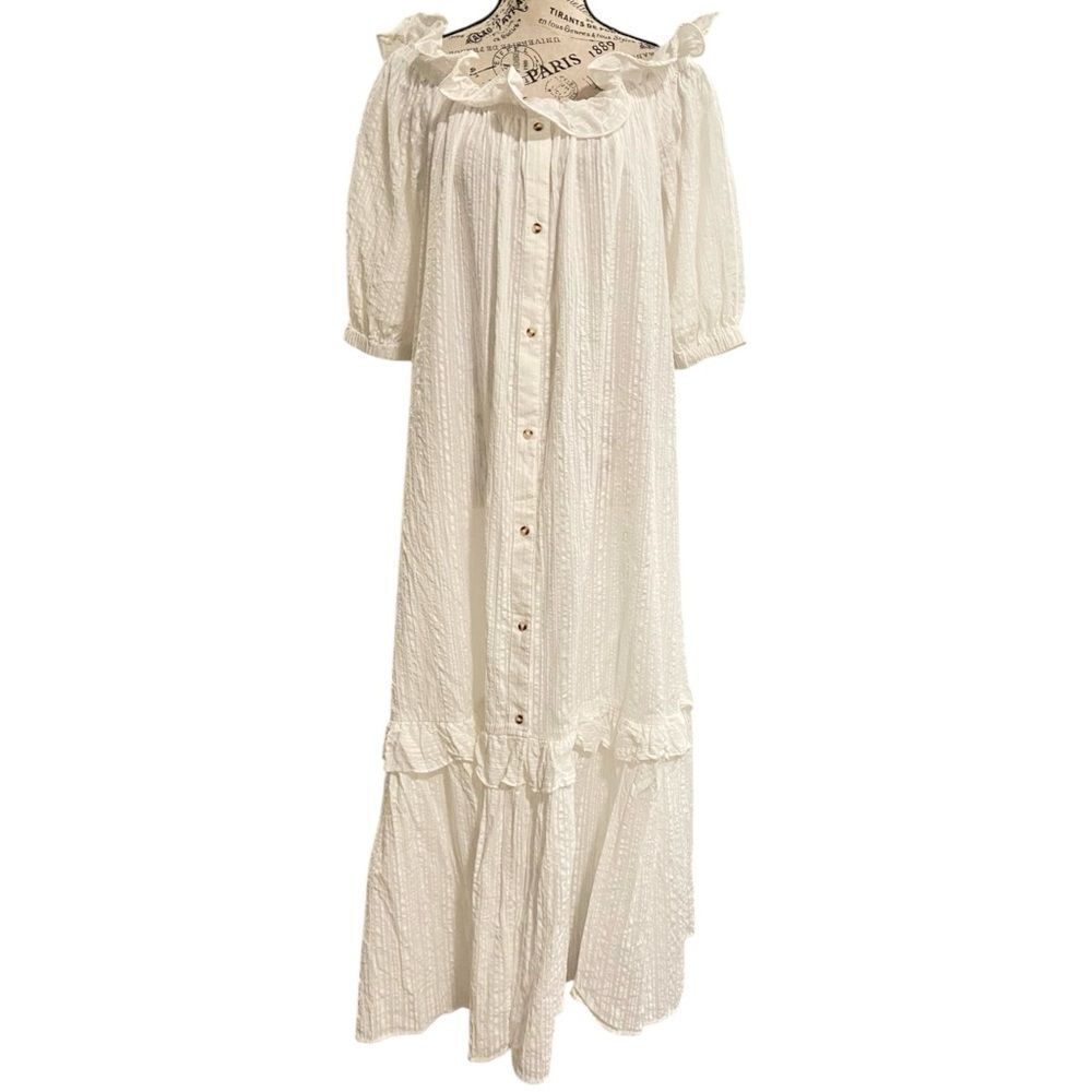 Anthropologie Ruffle Off-The-Shoulder Gauze Dress in White Size Medium - Picture 5 of 14